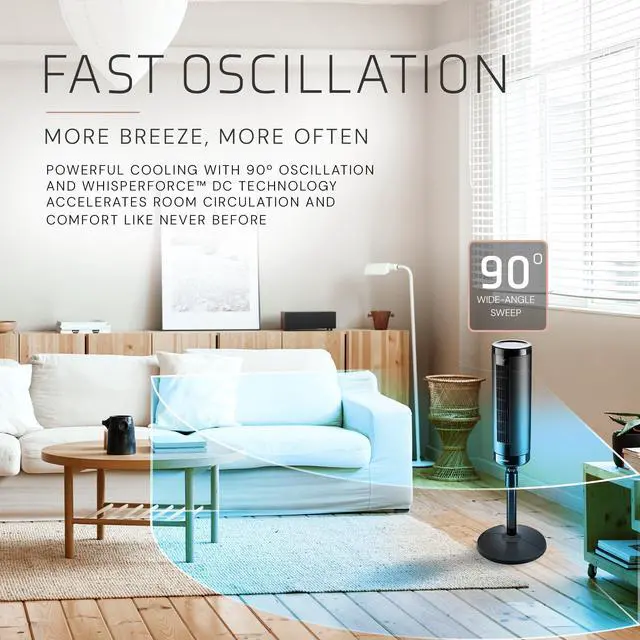 Alt view image 7 of 7 - Elevation Adjustable Tower Fan 42-54, Pedestal Fan, 31 ft/s Airflow, Quiet 28 dB, 90° Oscillation, 12h Timer, Remote, Black, EST100