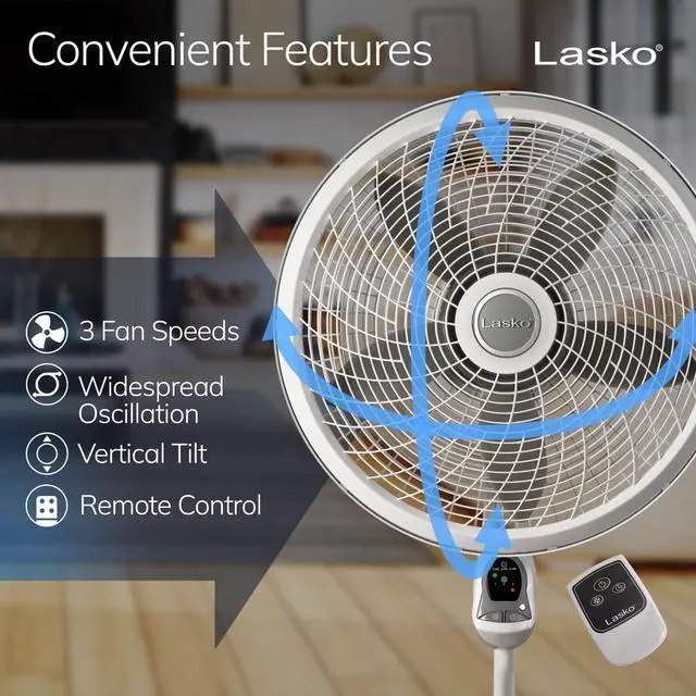 Alt view image 3 of 7 - Cyclone Pedestal Fan, Adjustable Height, Remote Control, Timer, 3 Speeds, for Bedroom, Kitchen, Office and Living Room, 18", White, 1885, Large