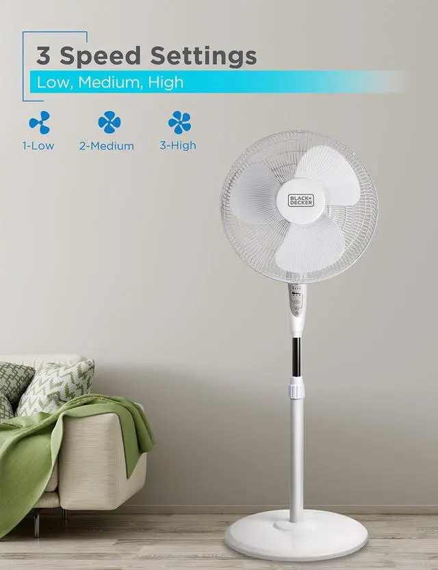 Alt view image 3 of 7 - 16" Stand Fan with Pedestal Base, Height Adjustable Pedestal Fan with Remote and Touch Control Panel, Free Standing Fan with 90-Degree Oscillating and 3-Speed Settings, White