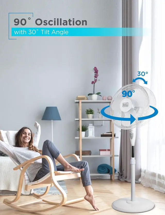 Alt view image 5 of 7 - 16" Stand Fan with Pedestal Base, Height Adjustable Pedestal Fan with Remote and Touch Control Panel, Free Standing Fan with 90-Degree Oscillating and 3-Speed Settings, White