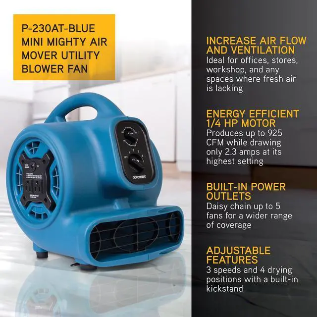 Alt view image 2 of 7 - P-230AT Mini Mighty 1/4 HP 925 CFM Centrifugal Air Mover, Carpet Dryer, Floor Fan, Blower, Stackable, Daisy Chain, for Water Damage Restoration, Janitorial, Plumbing, Home Use