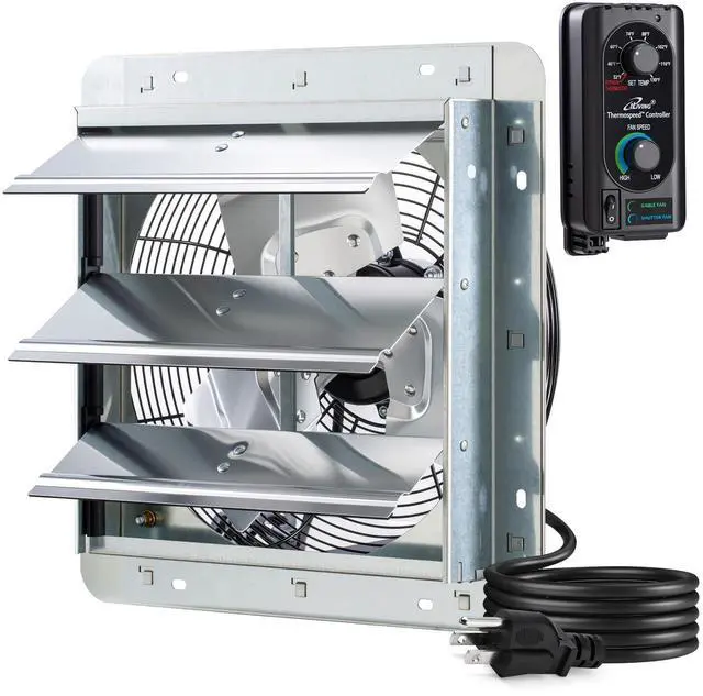 Main image of 12" Wall Mounted Shutter Exhaust Fan, Automatic Shutter, with Thermostat and Variable Speed controller, 0.6A, 960 CFM, 1400 SQF Coverage Area Silver (ILG8SF12V-ST)