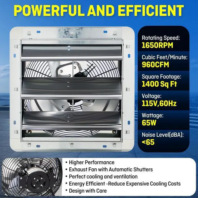 Alt view image 2 of 7 - 12" Wall Mounted Shutter Exhaust Fan, Automatic Shutter, with Thermostat and Variable Speed controller, 0.6A, 960 CFM, 1400 SQF Coverage Area Silver (ILG8SF12V-ST)