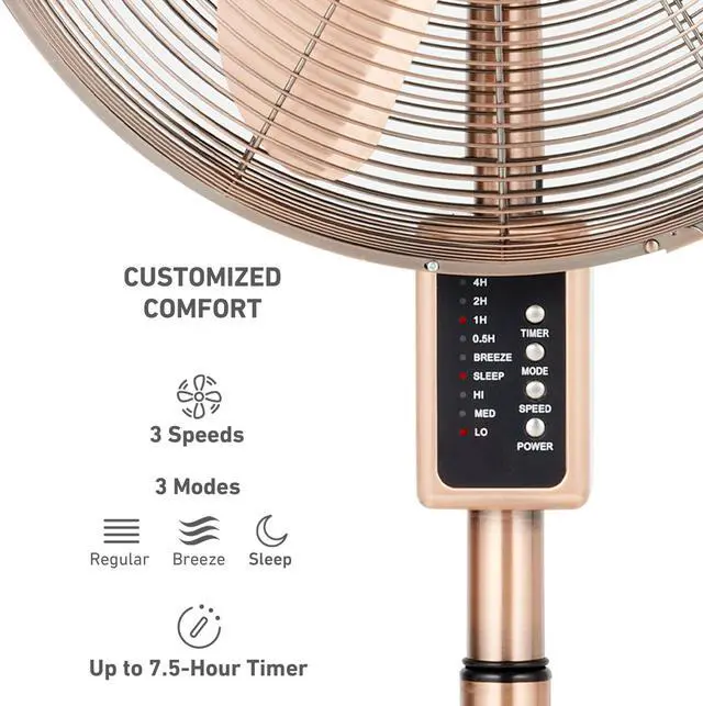 Alt view image 3 of 7 - 16" Copper Digital Metal Stand Fan, 75° Oscillation, 3 Speeds, 4 Blades, 3 Modes, 7.5-Hour Timer, Adjustable Height, 20° Head Tilt, Ideal for Home, Bedroom or Office, Remote Control