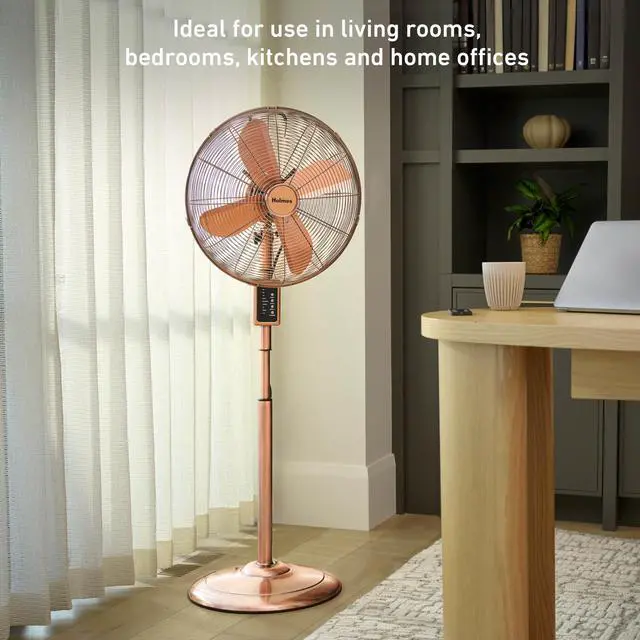 Alt view image 5 of 7 - 16" Copper Digital Metal Stand Fan, 75° Oscillation, 3 Speeds, 4 Blades, 3 Modes, 7.5-Hour Timer, Adjustable Height, 20° Head Tilt, Ideal for Home, Bedroom or Office, Remote Control