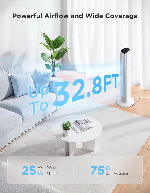 Alt view image 3 of 7 - 36 in. White Tower Fan for Bedroom, 5 Modes 8 Speeds up to 25ft/s