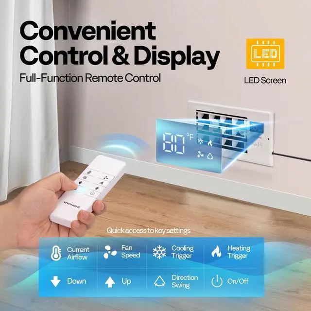 Alt view image 6 of 7 - 4'' x 10'' Opening Register Booster Fan with Adjustable Wind Direction Louver, Smart Intelligent Thermostat & 10-Speed Remote Control - 11.4" x 5.5" Vent Cover for Room, Floor, Wall - White