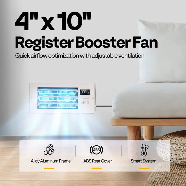 Alt view image 7 of 7 - 4'' x 10'' Opening Register Booster Fan with Adjustable Wind Direction Louver, Smart Intelligent Thermostat & 10-Speed Remote Control - 11.4" x 5.5" Vent Cover for Room, Floor, Wall - White