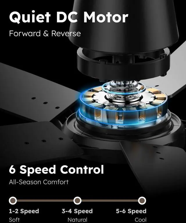 Alt view image 2 of 7 - 52 Inch Ceiling Fans with Lights and Remote, Black Low Profile Ceiling Fan, Flush Mount Style with 5 Blades, For Indoor Bedroom Living Room/Outdoor, 6 Speed Reversible DC Motor, 3CCT Dimmable LED