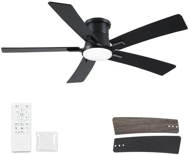 Main image of 52 Inch Ceiling Fans with Lights and Remote, Black Low Profile Ceiling Fan, Flush Mount Style with 5 Blades, For Indoor Bedroom Living Room/Outdoor, 6 Speed Reversible DC Motor, 3CCT Dimmable LED