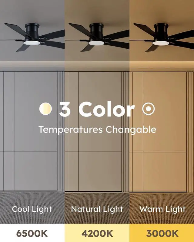 Alt view image 4 of 7 - 52 Inch Ceiling Fans with Lights and Remote, Black Low Profile Ceiling Fan, Flush Mount Style with 5 Blades, For Indoor Bedroom Living Room/Outdoor, 6 Speed Reversible DC Motor, 3CCT Dimmable LED