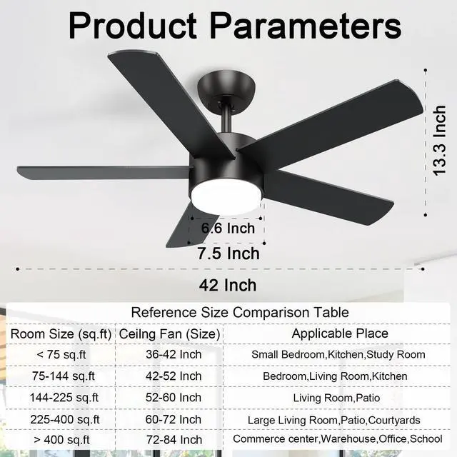 Alt view image 3 of 7 - 42 inch Black Ceiling Fans with Lights and Remote Control, LED Ceiling Fan Dimmable 3 CCT 6-Speed, Noiseless Modern Ceiling Fan for Bedroom, Living Room, Dining Room, ETL Listed