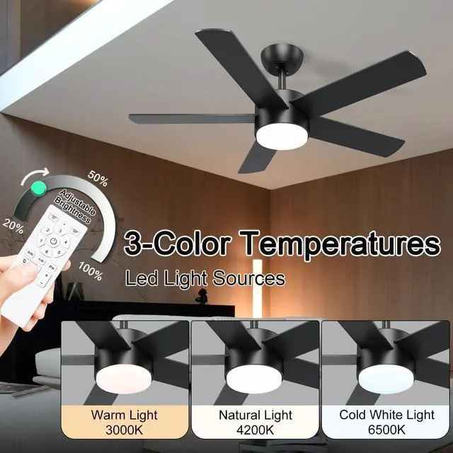 Alt view image 2 of 7 - 42 inch Black Ceiling Fans with Lights and Remote Control, LED Ceiling Fan Dimmable 3 CCT 6-Speed, Noiseless Modern Ceiling Fan for Bedroom, Living Room, Dining Room, ETL Listed