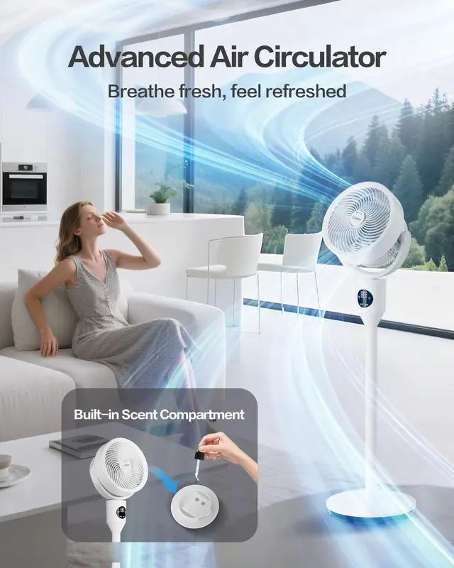 Alt view image 3 of 7 - Standing Fan for Bedroom, 3 Heights Adjustable Pedestal Fan with Remote, 90° Oscillating Floor Fan, 8 Speeds & 3 Modes, 25dB Quiet Room Fan, 12H Timer, for Dorm, Home, Office