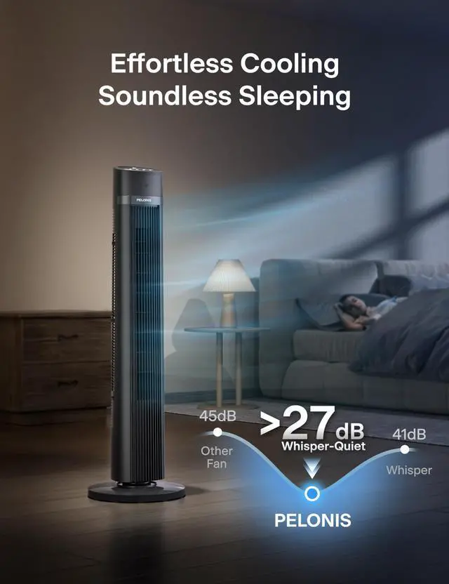 Alt view image 4 of 7 - 40 inch Bladeless Tower Fan for Bedroom, Standing Fan with Remote Control, 26ft/s, 90° Oscillation, 3 Speed Settings, 27 Db, 3 Modes, 15-Hour Timer, LED Display, Fan that Blows Cold Air, Grey