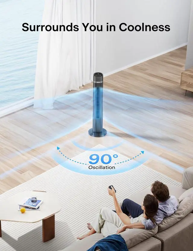 Alt view image 5 of 7 - 40 inch Bladeless Tower Fan for Bedroom, Standing Fan with Remote Control, 26ft/s, 90° Oscillation, 3 Speed Settings, 27 Db, 3 Modes, 15-Hour Timer, LED Display, Fan that Blows Cold Air, Grey