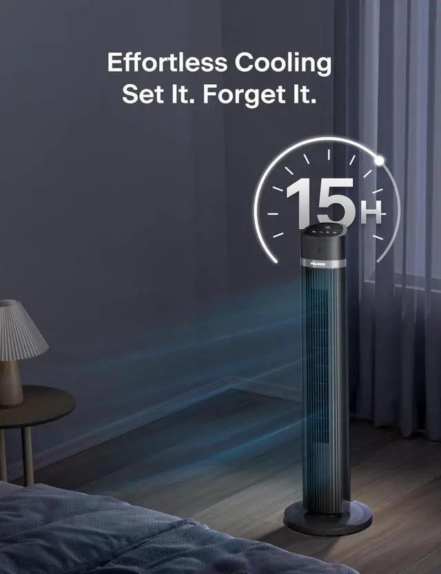 Alt view image 7 of 7 - 40 inch Bladeless Tower Fan for Bedroom, Standing Fan with Remote Control, 26ft/s, 90° Oscillation, 3 Speed Settings, 27 Db, 3 Modes, 15-Hour Timer, LED Display, Fan that Blows Cold Air, Grey