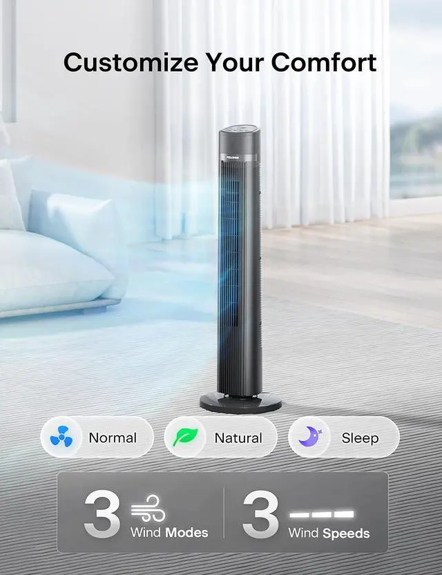 Alt view image 3 of 7 - 40 inch Bladeless Tower Fan for Bedroom, Standing Fan with Remote Control, 26ft/s, 90° Oscillation, 3 Speed Settings, 27 Db, 3 Modes, 15-Hour Timer, LED Display, Fan that Blows Cold Air, Grey