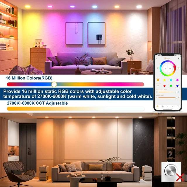 Alt view image 4 of 7 - Smart Recessed Lighting 6 Inch RGBCW Color Changing 16W LED Downlight with Junction Box,1350 Lumen Recessed Ceiling Light Compatible with Alexa,Dimmable by Bluetooth Control -6Pack