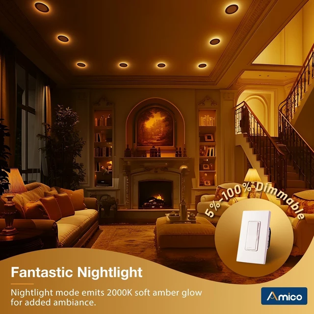 Alt view image 6 of 7 - 6 Pack 6 Inch Black 5CCT LED Recessed Ceiling Light with Night Light 1100 Lumens, 12W Low Power, 5%-100% Smooth Dimming, ETL & FCC Listed, Canless Wafer Downlight, Ultra-Thin Recessed Lighting