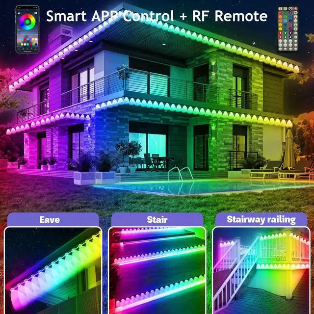 Alt view image 2 of 7 - 300Ft Outdoor LED Strip Lights Waterproof,Music Sync RGB IP68 Outside Led Light Strips Waterproofs with App and Remote,Exterior Led Rope Lights Waterproof for Deck,Balcony,Roof,Garden,Pool