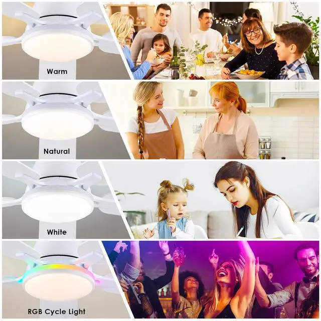 Alt view image 2 of 7 - Ceiling Fans with Lights- 52" RGB Low Profile Indoor Ceiling Fan with Light and Remote/APP Control, Flush Mount, LED Dimmable DC Reversible Modern Ceiling Fan for BedroomWhite