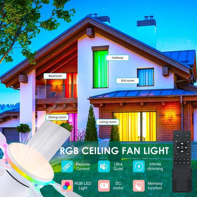 Alt view image 3 of 7 - Ceiling Fans with Lights- 52" RGB Low Profile Indoor Ceiling Fan with Light and Remote/APP Control, Flush Mount, LED Dimmable DC Reversible Modern Ceiling Fan for BedroomWhite