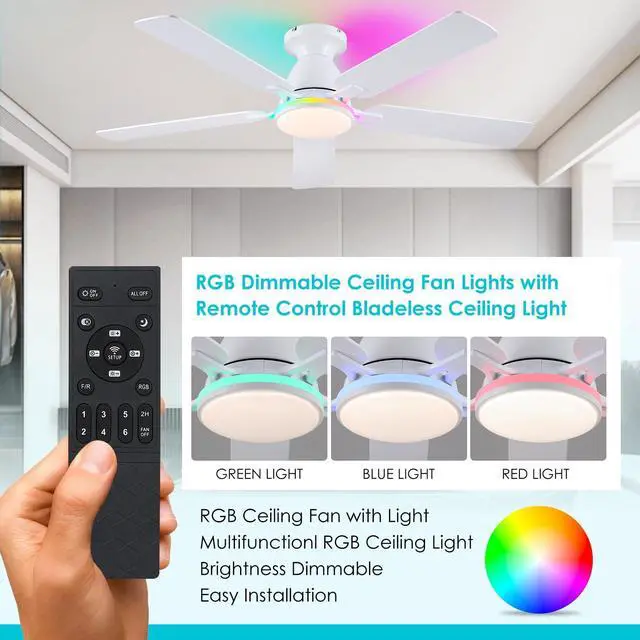 Alt view image 4 of 7 - Ceiling Fans with Lights- 52" RGB Low Profile Indoor Ceiling Fan with Light and Remote/APP Control, Flush Mount, LED Dimmable DC Reversible Modern Ceiling Fan for BedroomWhite