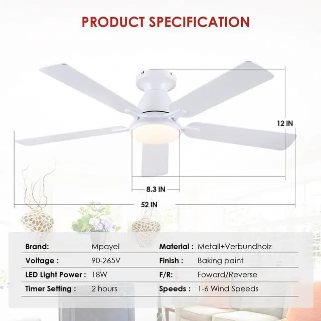 Alt view image 7 of 7 - Ceiling Fans with Lights- 52" RGB Low Profile Indoor Ceiling Fan with Light and Remote/APP Control, Flush Mount, LED Dimmable DC Reversible Modern Ceiling Fan for BedroomWhite