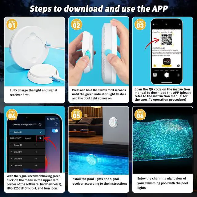 Alt view image 2 of 6 - Rechargeable Submersible Pool Lights with Wireless APP Control, Waterproof Underwater Smart LED Lights Controlled Multiple Lighting Modes, 4000mAh Magnets Lights for Multi Scene Pool Decoration