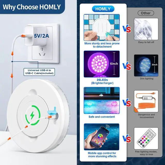 Alt view image 5 of 6 - Rechargeable Submersible Pool Lights with Wireless APP Control, Waterproof Underwater Smart LED Lights Controlled Multiple Lighting Modes, 4000mAh Magnets Lights for Multi Scene Pool Decoration