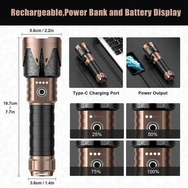 Alt view image 4 of 7 - LED Flashlights High Lumens with Ignition Lens,3000lm Super Bright Tactical Flashlights,Zoomable,Five Modes,Waterproof Flash Light for Camping Essentials,Outdoor,Home Emergency-Upgraded