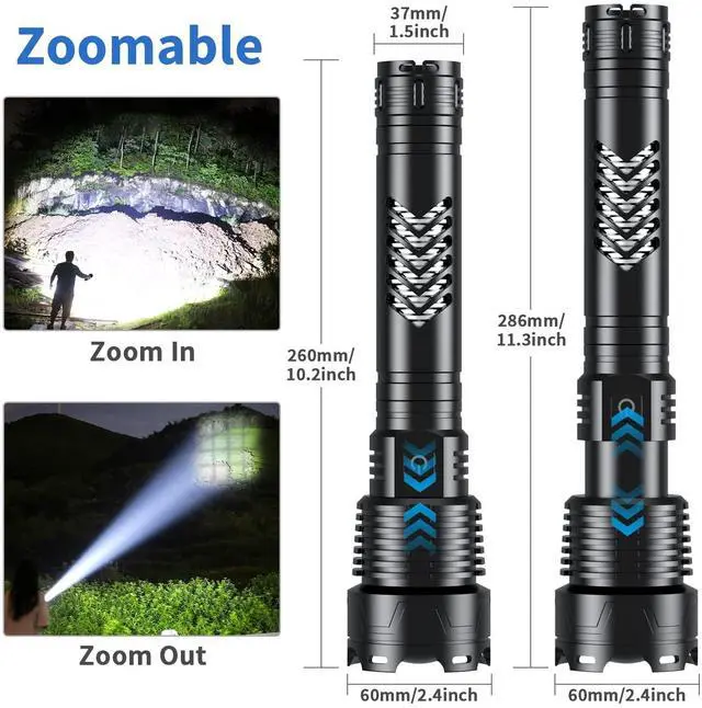 Alt view image 2 of 7 - Super Bright LED Flashlight, 1000000 High Lumen Rechargeable Flashlights with Long Handle, 10000mAh Battery, Zoomable 5 Modes for Outdoor Camping, Emergencies, XHP160-L