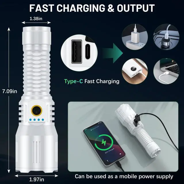 Alt view image 5 of 6 - Laser Flashlights 5000.000 High Lumens Rechargeable, Super Bright LED Flashlight, 5 Modes Flash Light High Powered, Adjustable Tactical Flashlight, Waterproof Handheld Flashlight for Emergencies, Home