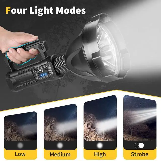 Alt view image 2 of 6 - Superbright Big Size Rechargeable LED Handheld Flashlight Spotlight 4 Modes High Power Portable Waterproof Searchlight for Camping Hunting Outdoor (P90 Large Size)