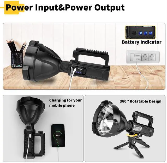 Alt view image 3 of 6 - Superbright Big Size Rechargeable LED Handheld Flashlight Spotlight 4 Modes High Power Portable Waterproof Searchlight for Camping Hunting Outdoor (P90 Large Size)