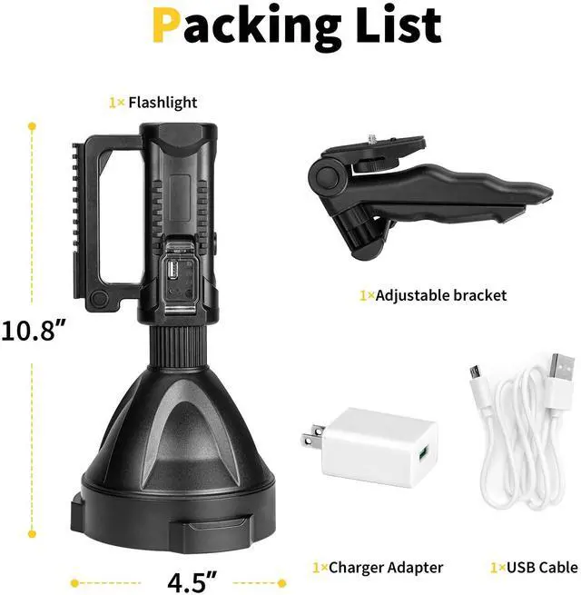 Alt view image 5 of 6 - Superbright Big Size Rechargeable LED Handheld Flashlight Spotlight 4 Modes High Power Portable Waterproof Searchlight for Camping Hunting Outdoor (P90 Large Size)