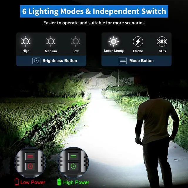 Alt view image 3 of 7 - Rechargeable Led Flashlights 1520,000 High Lumens,Super Bright Flashlight True,Powerful Tactical Flashlight Up to 24H Long Battery Life Zoomable 6 Light Modes IP67 Water Resistant for Home Camping
