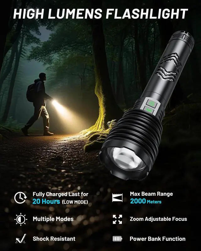 Alt view image 2 of 7 - Powerful Flashlights 600000 High Lumens, 10000mAh Battery | 6 Modes with Fast Charge, Super Bright Rechargeable Flashlight IP67 Waterproof & Shock Resistant for Outdoor Activities