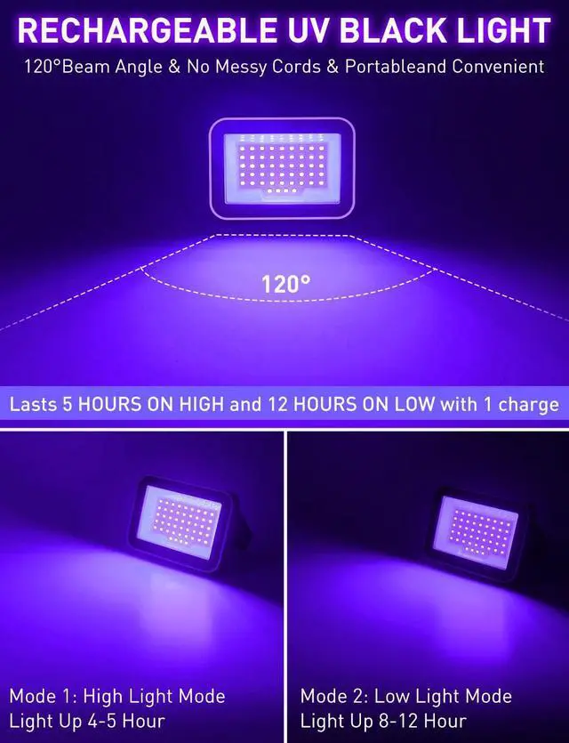 Alt view image 2 of 7 - Rechargeable LED Black Light, Battery Powered Portable Blacklight, 400nm LED Flood Light Black Lights, Neon Glow Party, Blacklight Catfishing, Halloween, Glow in The Dark Decoration 2 Pack