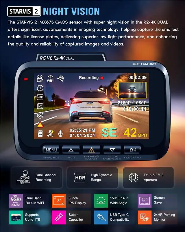Alt view image 4 of 7 - R2-4K DUAL Dash Cam Front and Rear, STARVIS 2 Sensor, FREE 128GB Card Included, 5G WiFi - up to 20MB/s Fastest Download Speed with App, 4K 2160P/FHD Dash Camera for Cars, 3" IPS, 24H Parking Mode