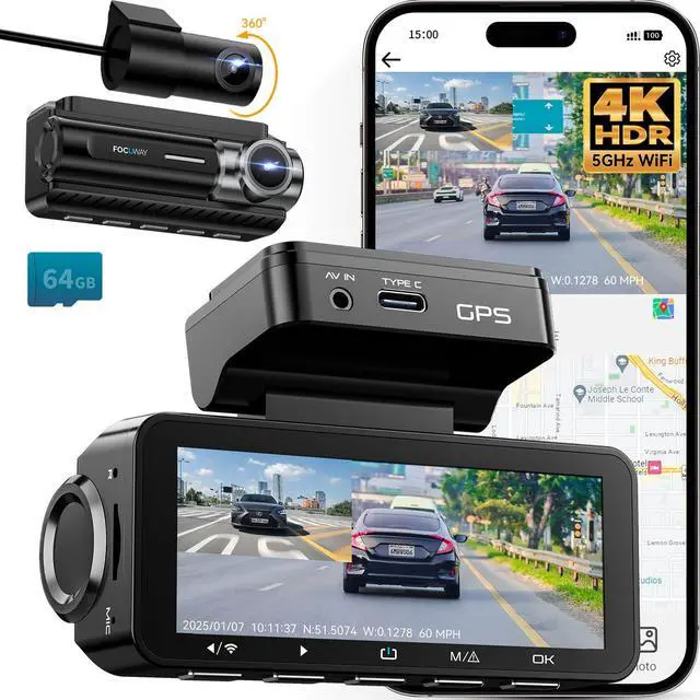 Main image of Dash Cam Front Rear 4K Built-in 5G WiFi GPS, Voice Control, 3.39 inch IPS Screen, Dual Dash Camera for Car Includes 64GB SD Card, Super Night Vision, 24H Parking Monitor, Supercapacitor, Type C, HDR