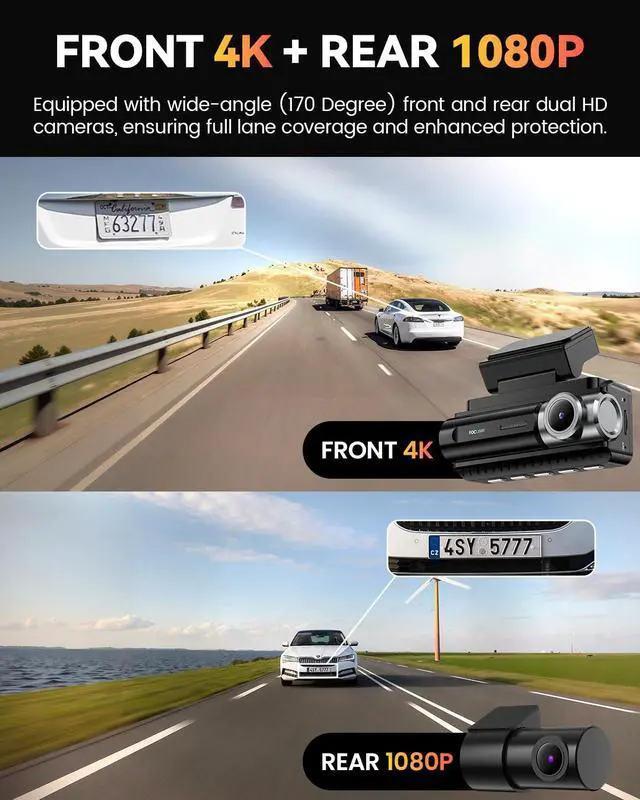 Alt view image 2 of 7 - Dash Cam Front Rear 4K Built-in 5G WiFi GPS, Voice Control, 3.39 inch IPS Screen, Dual Dash Camera for Car Includes 64GB SD Card, Super Night Vision, 24H Parking Monitor, Supercapacitor, Type C, HDR