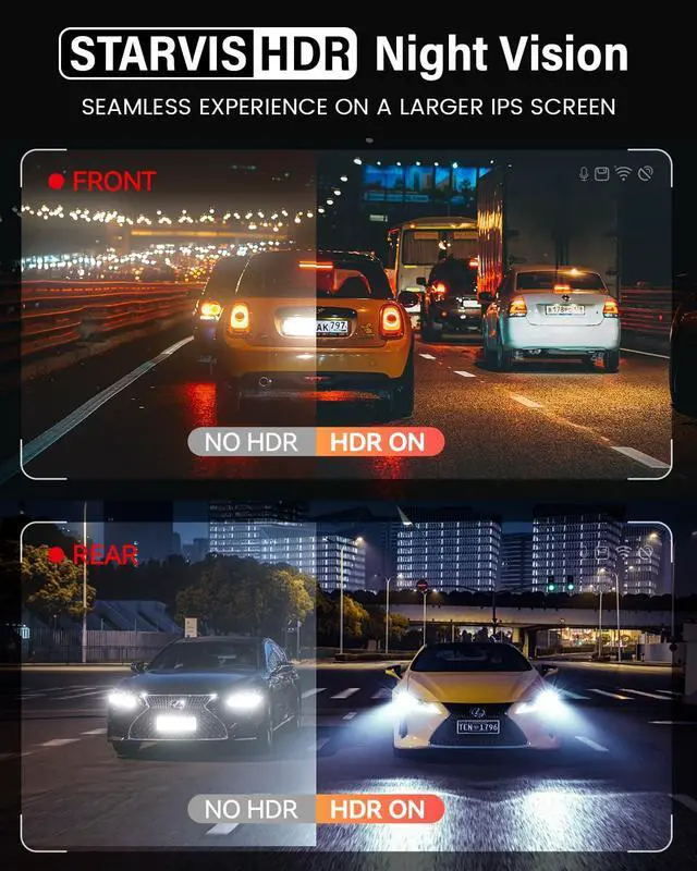 Alt view image 4 of 7 - Dash Cam Front Rear 4K Built-in 5G WiFi GPS, Voice Control, 3.39 inch IPS Screen, Dual Dash Camera for Car Includes 64GB SD Card, Super Night Vision, 24H Parking Monitor, Supercapacitor, Type C, HDR