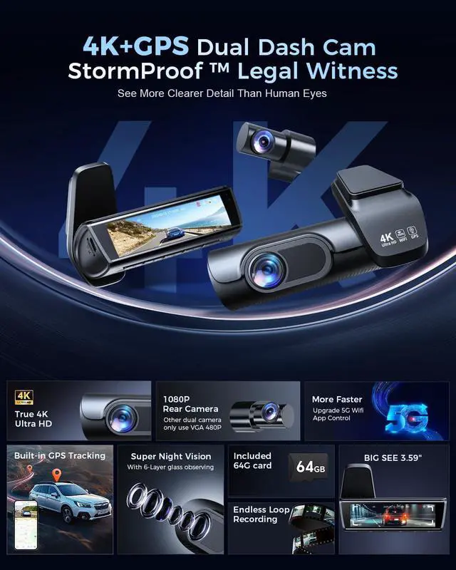 Alt view image 2 of 7 - K600 4k Dash Cam Front and Rear, 3.59" IPS Screen, Built-in GPS 5G WiFi Dash Camera for Cars with App, UHD 2160P Night Vision Free 64G SD Card, 170° Wide Angle, HDR, 24H Parking Mode