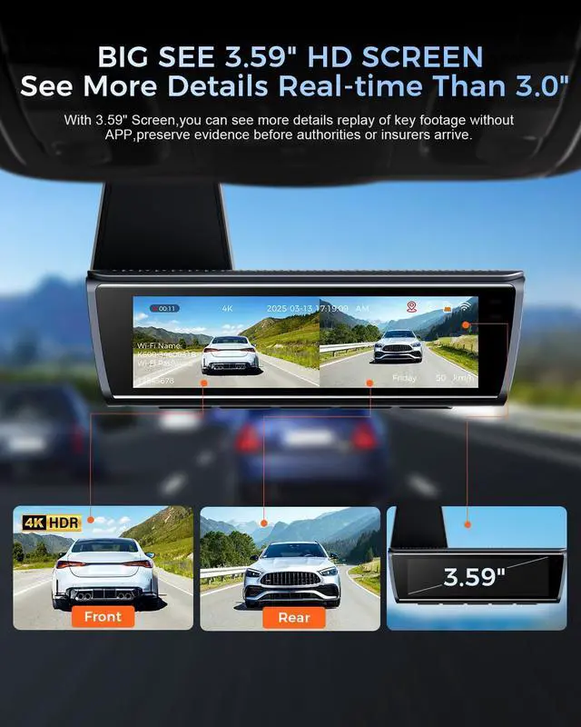 Alt view image 4 of 7 - K600 4k Dash Cam Front and Rear, 3.59" IPS Screen, Built-in GPS 5G WiFi Dash Camera for Cars with App, UHD 2160P Night Vision Free 64G SD Card, 170° Wide Angle, HDR, 24H Parking Mode