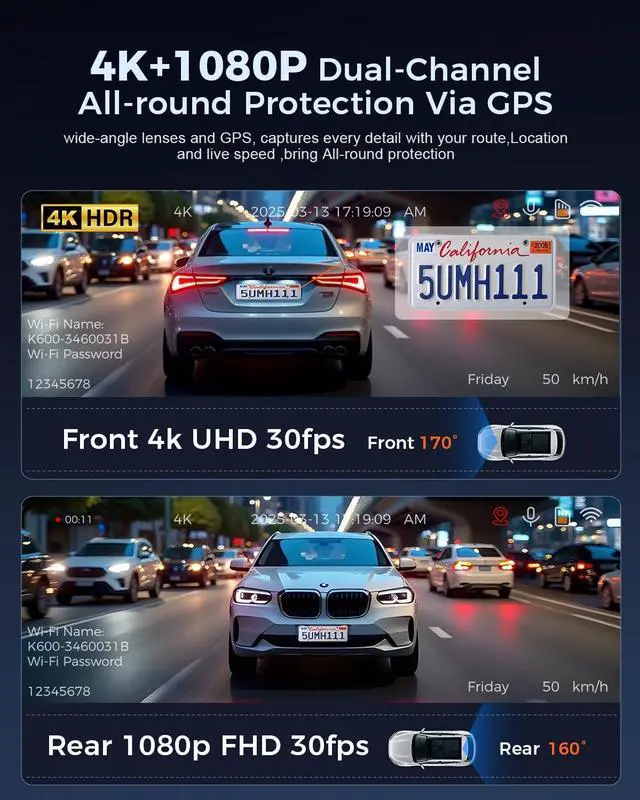 Alt view image 5 of 7 - K600 4k Dash Cam Front and Rear, 3.59" IPS Screen, Built-in GPS 5G WiFi Dash Camera for Cars with App, UHD 2160P Night Vision Free 64G SD Card, 170° Wide Angle, HDR, 24H Parking Mode