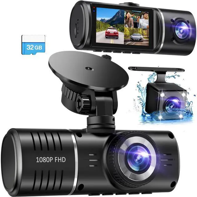 Main image of Dash Cam Front and Rear, 1080P Dash Camera for Cars, 3 Channel Car Camera Front Rear and Inside with 32GB Card, Loop Recording, Night Vision, HDR, 24Hr Parking, G-Sensor