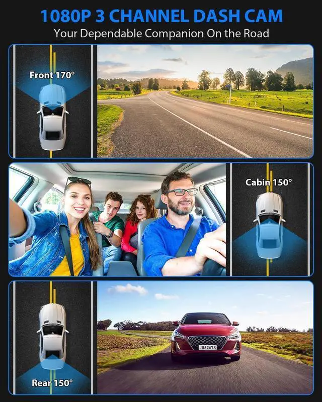 Alt view image 2 of 7 - Dash Cam Front and Rear, 1080P Dash Camera for Cars, 3 Channel Car Camera Front Rear and Inside with 32GB Card, Loop Recording, Night Vision, HDR, 24Hr Parking, G-Sensor