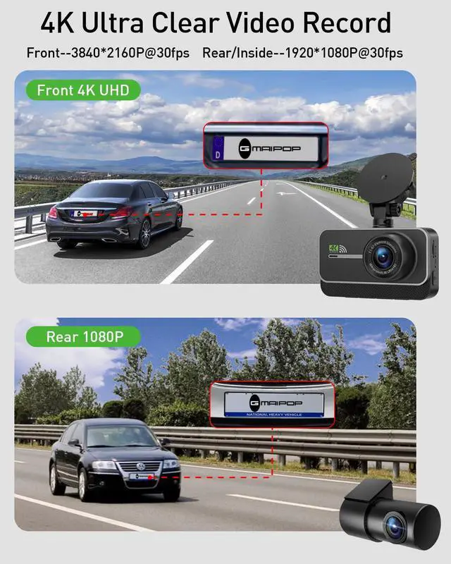 Alt view image 2 of 7 - Dash Cam Front and Rear,4K+1080P WiFi Dual Dash Camera for Cars with App, 3" IPS Dashboard Camera Recorder,Night Vision,24H/7 Parking Mode, Loop Recording,170° Wide Angle,Free 64GB SD Card